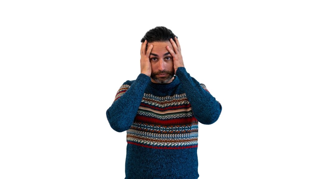 Portrait of scaring frightening caucasian man with a beard at indoor studio shot