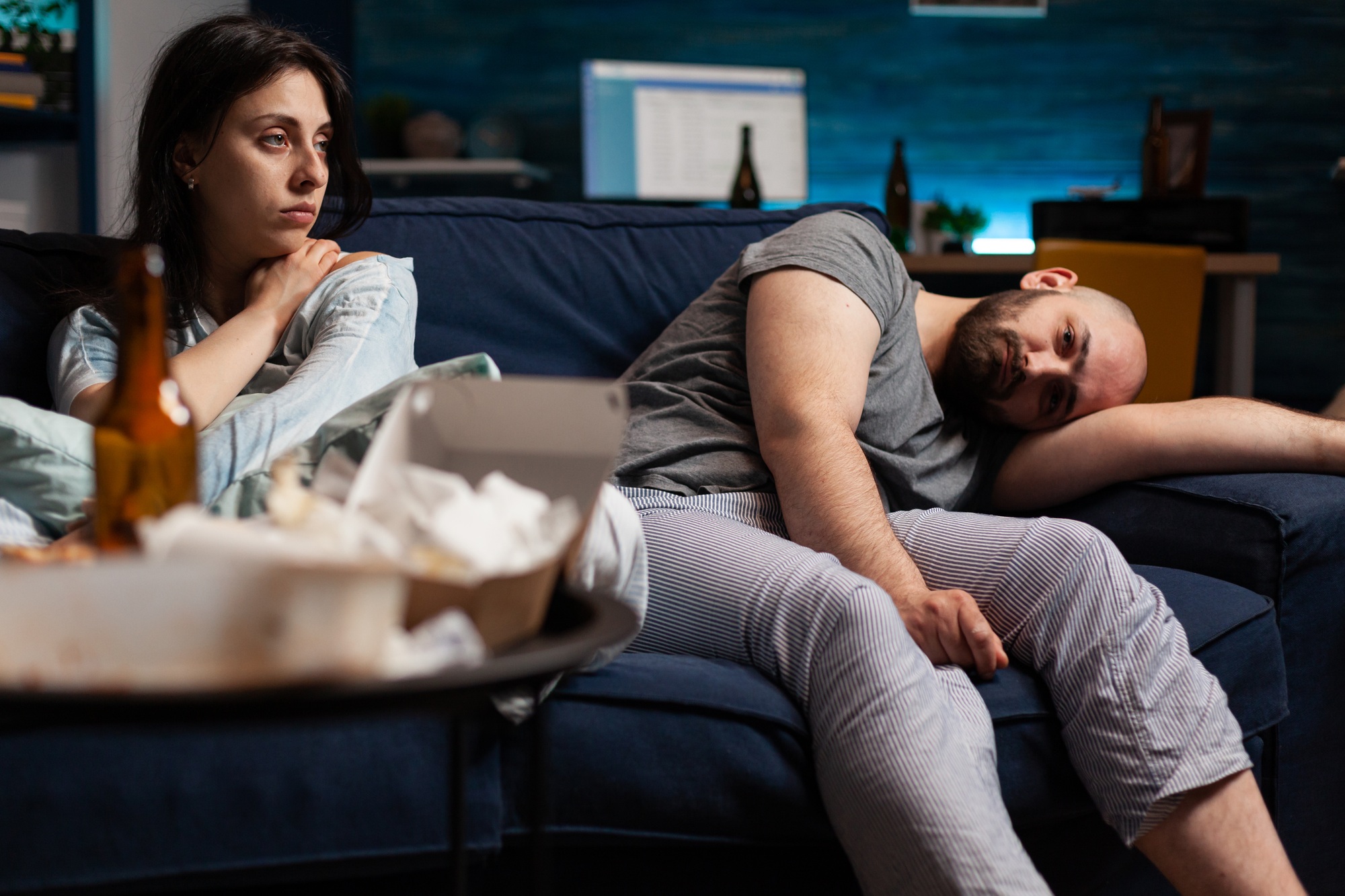 Vulnerable adult traumatized unhappy alone in pain couple